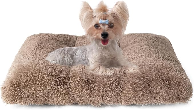 EHEYCIGA Fluffy Dog Crate Bed for Small Dogs, Plush Faux Fur Crate Pad, Calming Anti Anxiety Small Dog Bed, Washable Soft Warm Mat with Non-Slip Bottom, Camel