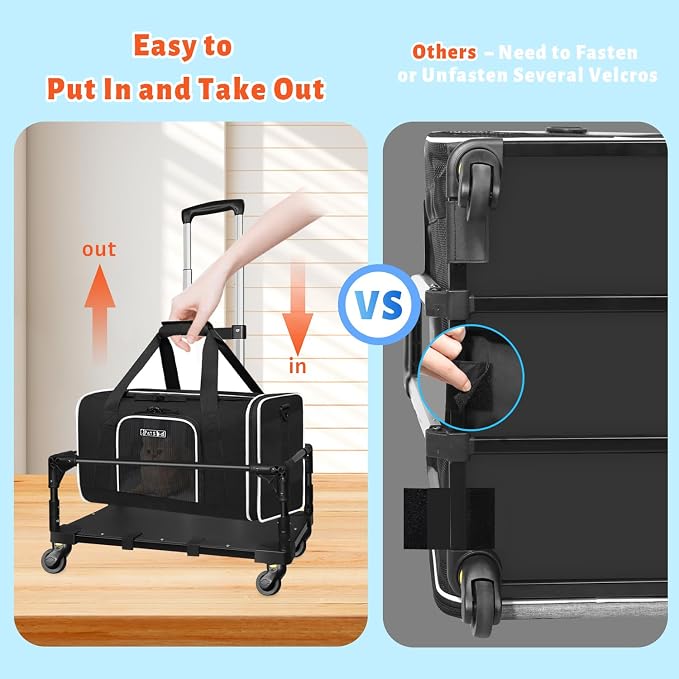 Petskd Small Pet Carrier 18"x13"x9.5" with Wheels Airline Approved, Black | for Southwest Airlines, Lockable Safety Zippers and Anti-Scratch Mesh, Pets Under 10 lbs