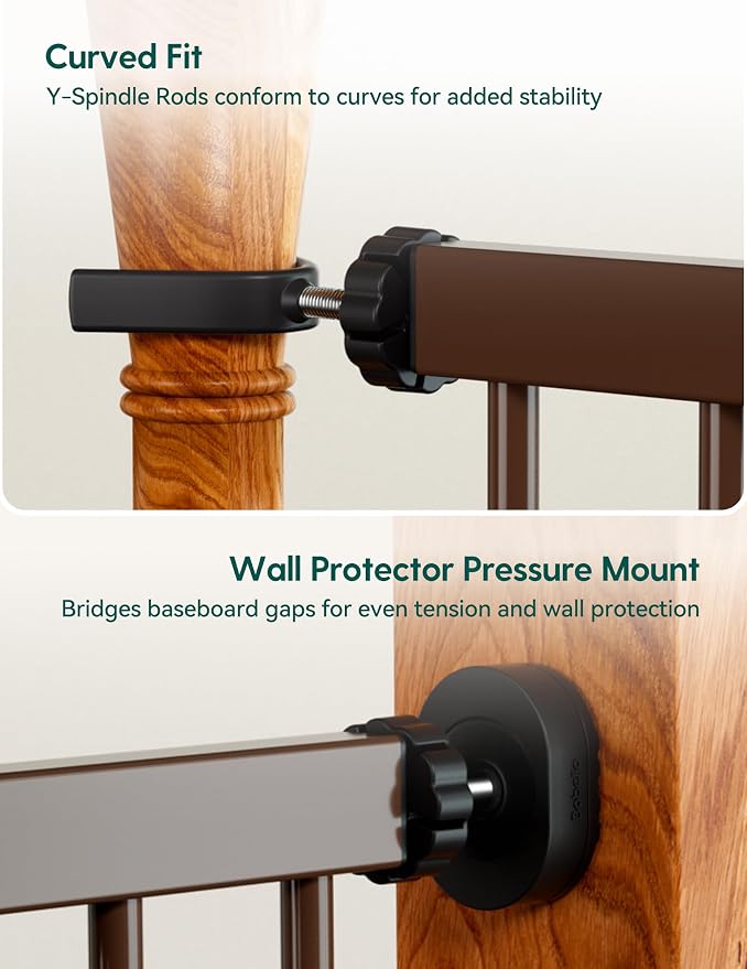 Babelio Pressure Mounted Baby Gate for Stairs, 29-48" Wide Dog Gate Indoor | Triple-lock system; Pressure/wall mount Auto-close; 200N impact tested; Easy Install for Doorways, Kitchen, Hallway, Brown