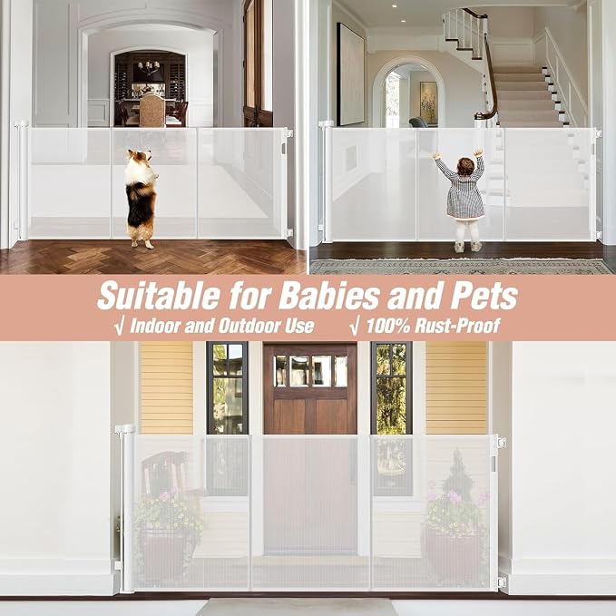Reinforced 42" Extra Tall x 75" Wide Retractable Gate with Support Rods - Prevent Crawling Under Extra Tall Baby Gate Retractable Dog Gate Indoor Long Dog Gate Outdoor Retractable Pet Gate, White | Tall Retractable Baby Gate Prevents Crawling Under, Sp...
