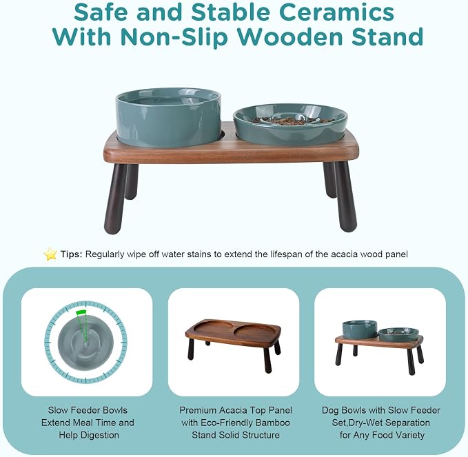 SPUNKYJUNKY Ceramic Elevated Dog Bowls with Slow Feeder Raised with Acacia Bamboo Wooden Stand, 6.1'' Dog and Cat Food Water Bowls Set Non-Slip for Small Medium Sized Breed - Dark Green