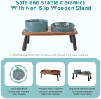 SPUNKYJUNKY Ceramic Elevated Dog Bowls with Slow Feeder Raised with Acacia Bamboo Wooden Stand, 6.1'' Dog and Cat Food Water Bowls Set Non-Slip for Small Medium Sized Breed - Dark Green