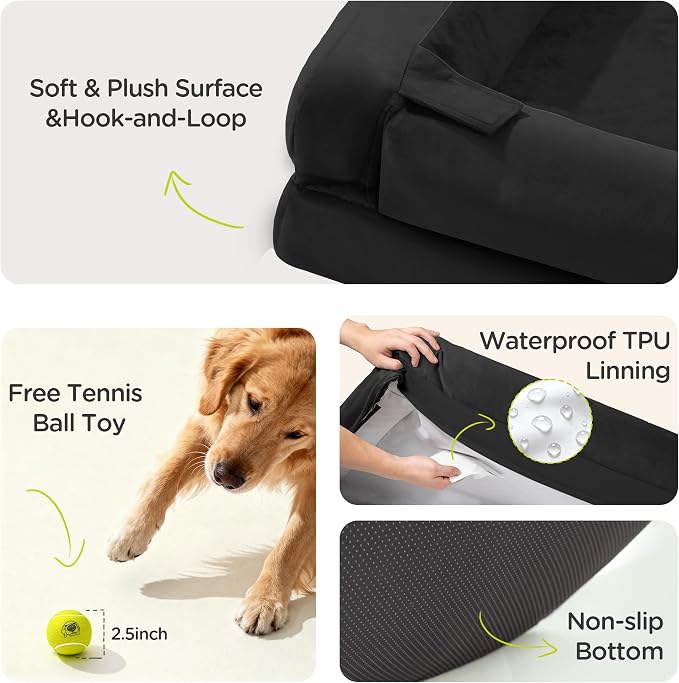 Waterproof Orthopedic Dog Bed for Extra Large Sized Dogs | Memory Foam Pet Bed Sofa with Bolster, Dog Couch with Washable Cover & Non-Slip Bottom, 48x30 Inch, Black