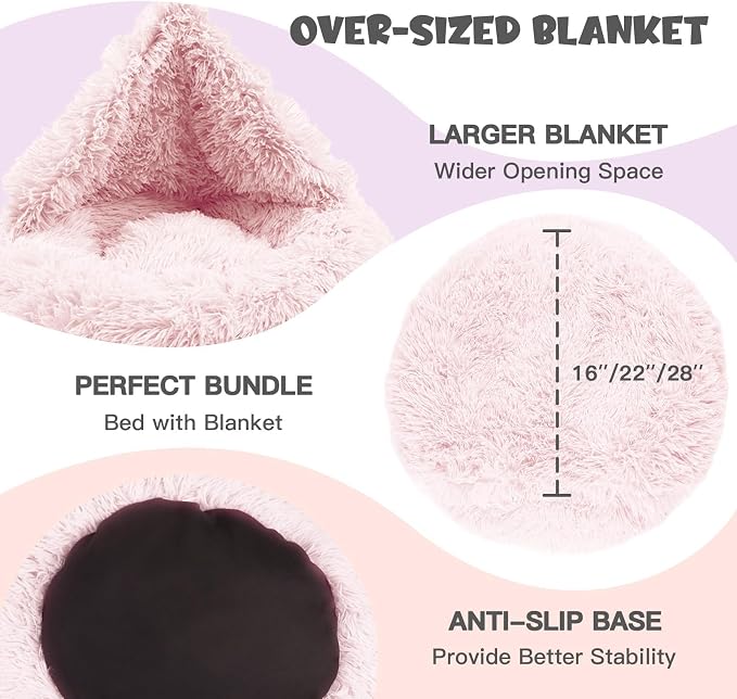 Himax 26in Covered Medium Dog Bed with Blanket Attached Calming Burrow Pink | Anti-Anxiety Donut dog bed with cover, Washable Round Fluffy Pet& Cat Beds