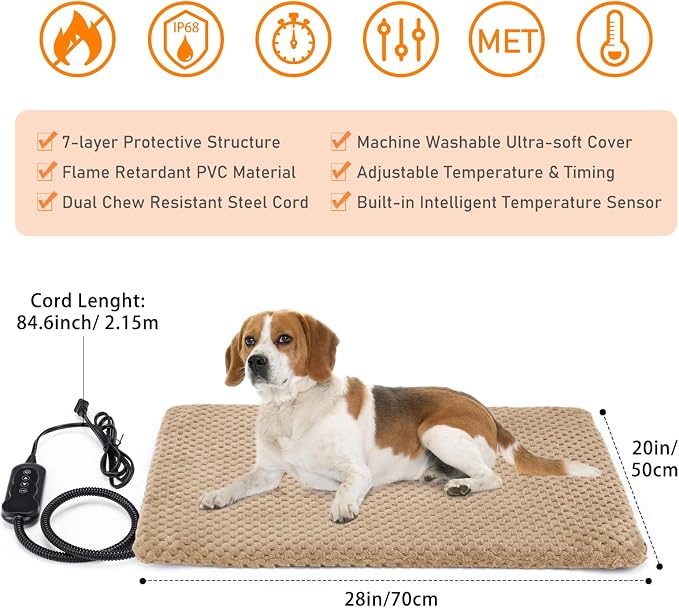 INVENHO Heated Dog Bed, Waterproof Adjustable Temperature Dog Cat Heating Pad with Timer, Indoor Pet Heating Pad for Cats Dogs Electric Pads for Dogs Cats, Pet Heated Pad