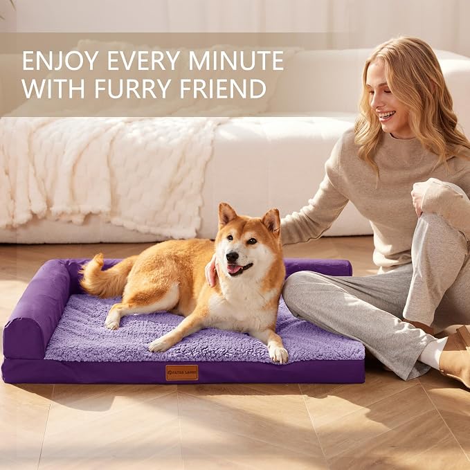Patas Lague Orthopedic Large Dog Bed Pet Sofa Beds 36''X24'' Purple | L Bolster Egg-Crate Foam Dog Couch For Large Sized Dogs, Waterproof Removable Washable Cover, Pet Mat with Nonskid Bottom