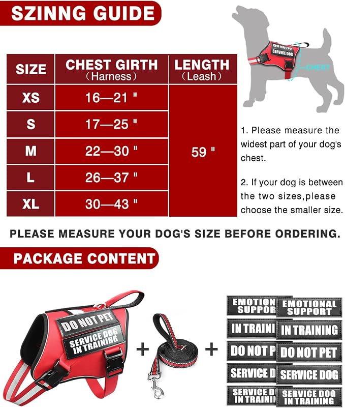 Service Dog Vest Harness and Leash Set+10 Patches Red XS | Adjustable Reflective Do Not Pet Emotional Support Dog Vest with 2 Soft Padded Handle,MOLLE,for Everyday Training Hiking