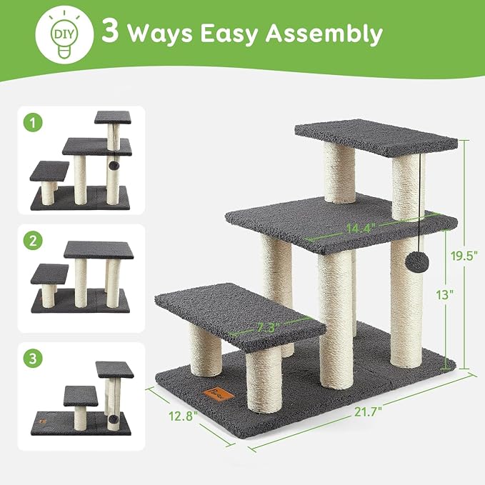 Pawque Dog Stairs & Cat Scratching Post Pet Steps for High Beds Couch | High-Strength Boards Holds up to 150 lbs for Indoor Small Cats Kittens Dogs Climbing Playing, 3 Combination Options, 3 Steps