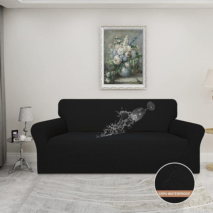 Easy-Going 100% Waterproof Couch Cover, 3 Cushion Couch Slipcover for Sofa | Leakproof Sofa Cover, Stretch Jacquard Furniture Protector Against Stain Spill from Kids, Pets, Dog (Sofa, Black)