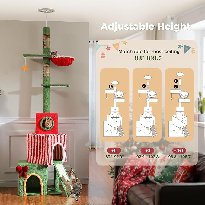 PETEPELA 83-108'' Floor to Ceiling Christmas Cat Tree for Large Indoor Cats, Tall Cat Tower with Adjustable Height with 3 Large Cat Condos, Cozy Hammock, Scratching Posts, Green/Red