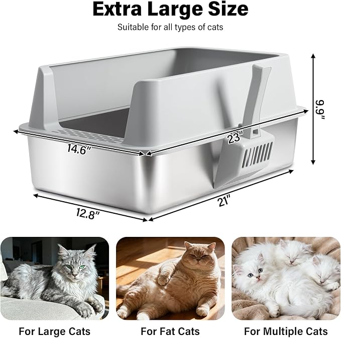 Stainless Steel Cat Litter Box with Lid,XL Metal Litter Box Stainless Steel | Mat & Scoop, Odor-Free/Anti-Leakage & Non-Stick/Easy Clean, High-Sided Litter Box for Multiple Big Cats(XL/Grey)