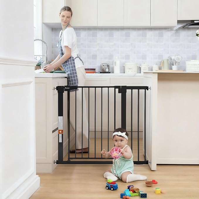COMOMY 30" Tall Baby Gate for Stairs Doorways, Fits 29.5" to 40.5" Openings | Auto Close Extra Wide Dog Gate for House, Pressure Mounted Easy Walk Through Pet Gate with Door, Black