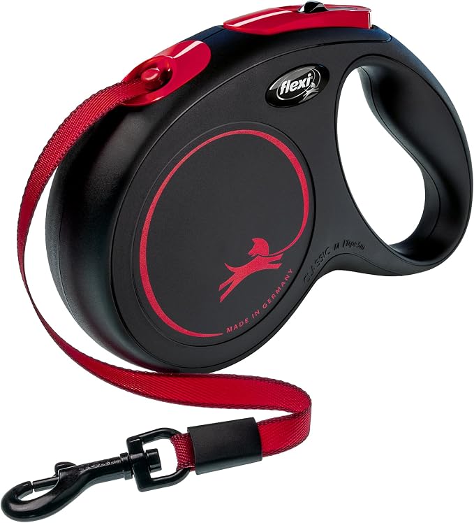 FLEXI® New Classic Tape Retractable Dog Leash, Medium 16ft -Black Red | German engineered, original flexi leash, durable quality, dogs up to 30-55 lbs, tangle-free, walking, reliable brake system