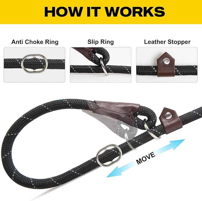 Fida Durable Slip Lead Dog Leash, 6 FT x 3/8" Heavy Duty Comfortable Strong Rope Slip Lead for Small Dogs and Puppies, No Pull Pet Training Lead with Highly Reflective(3/8", Black)
