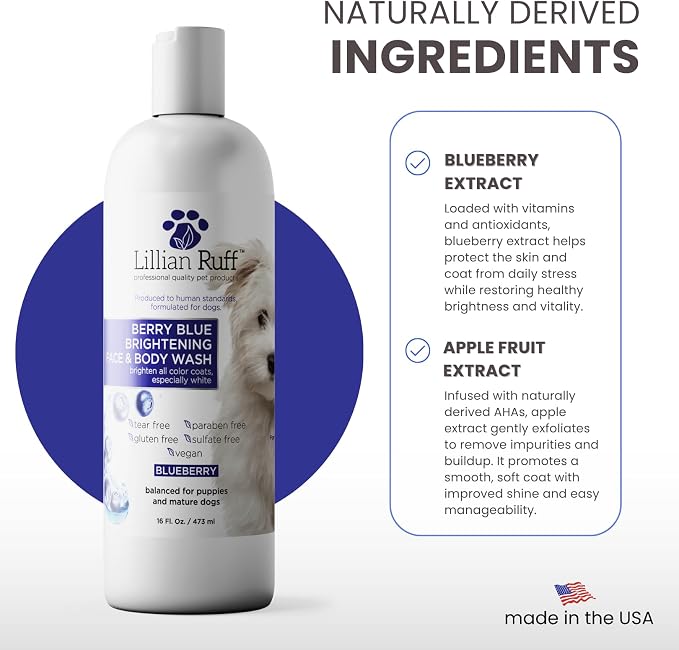 Lillian Ruff PRO Formula Berry Blue Brightening Pet Shampoo - Ultra-Hydrating Professional Whitening Dog Shampoo, Vivid Show-Quality Coat Enhancer, Tear Stain & Odor Eliminator With ProVitamin B5 16oz