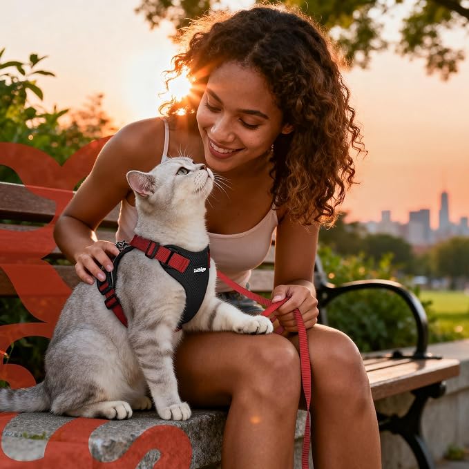 rabbitgoo Cat Harness and Leash Set, Escape Proof Vest, Black & Red | Soft Breathable Mesh, Easy Adjustable Fit, Snap Buckles, Sturdy Clip, Reflective Strips, for Small & Average Cats Walks, Xs
