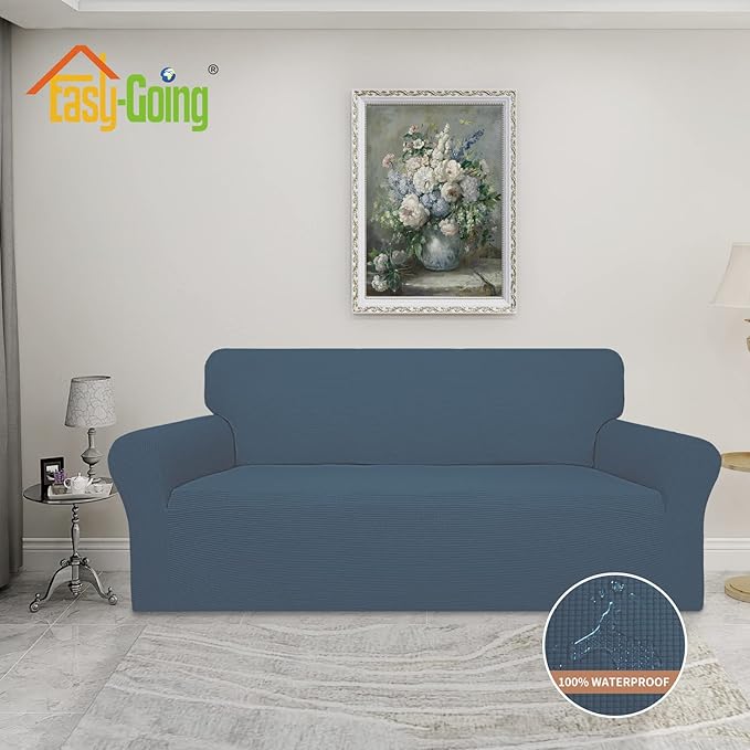 Easy-Going 100% Waterproof Couch Cover, 3 Cushion Oversized Sofa Cover | Leakproof Sofa Slipcover, Stretch Jacquard Furniture Protector Against Stain Spill from Kids, Pets, Dog, Bluestone