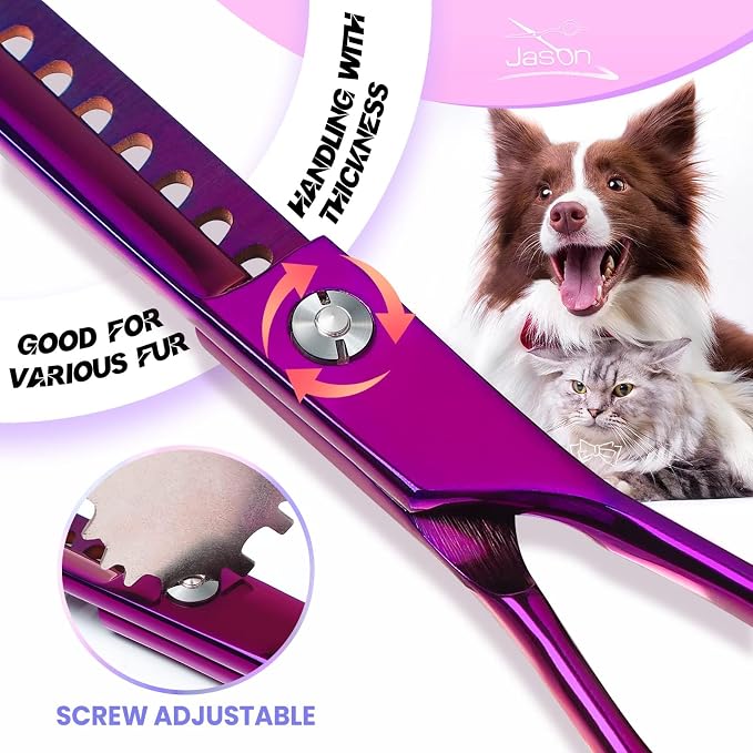 JASON Dog Grooming Scissors Set - 7 in 1 Professional Pet Sharp Shears Kit | Straight, Thinning, Chunker, Curved Shears and Comb for Long Short Hair for Dog Cat Pet, Gift