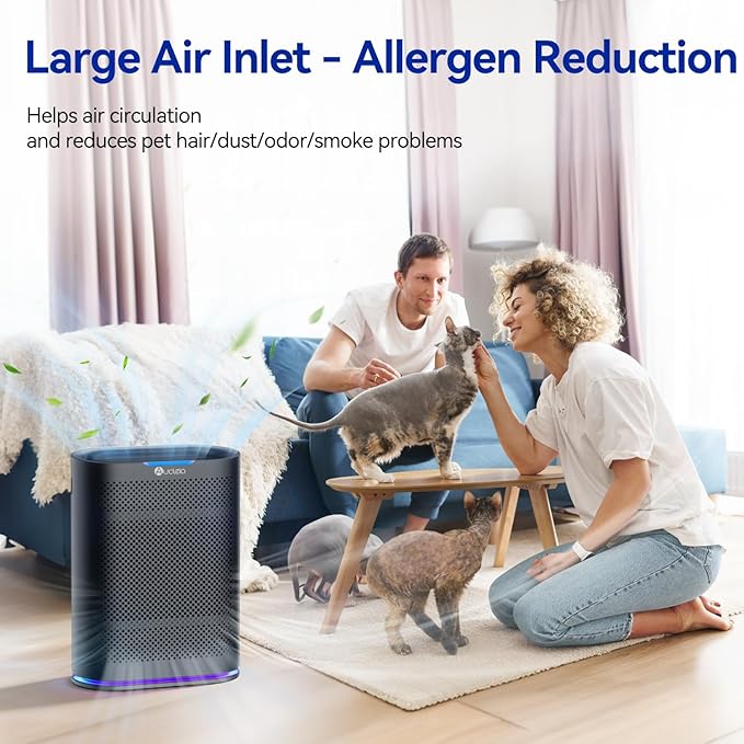 Aucleia Pet Air Purifiers, Black | Covers 2,100 Ft² Large Rooms, H13 HEPA Filter, Air Quality Monitor, Auto Mode, Removes Dust, Pet Hair, Smoke ,Odor