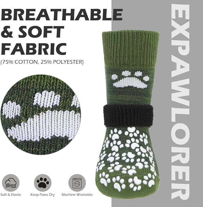 EXPAWLORER Anti Slip Dog Socks to Prevent Licking Paws, Shoes for Hot Pavement, Dog Booties for Small Medium Large Senior Dogs, Traction Control Boots & Paw Protectors for Hardwood Floors ArmyGreen