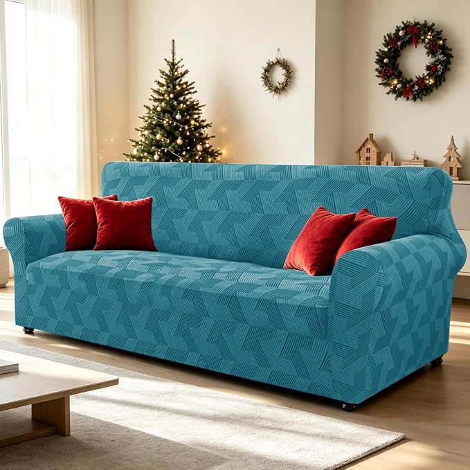 ZNSAYOTX Stretch Oversized Couch Covers for 3 Cushion Couch, 1-Piece Extra Large Sofa Cover Slipcover, Furniture Protector with Elastic Bottom Geometrical Jacquard Fabric (X-Large, Peacock Blue)