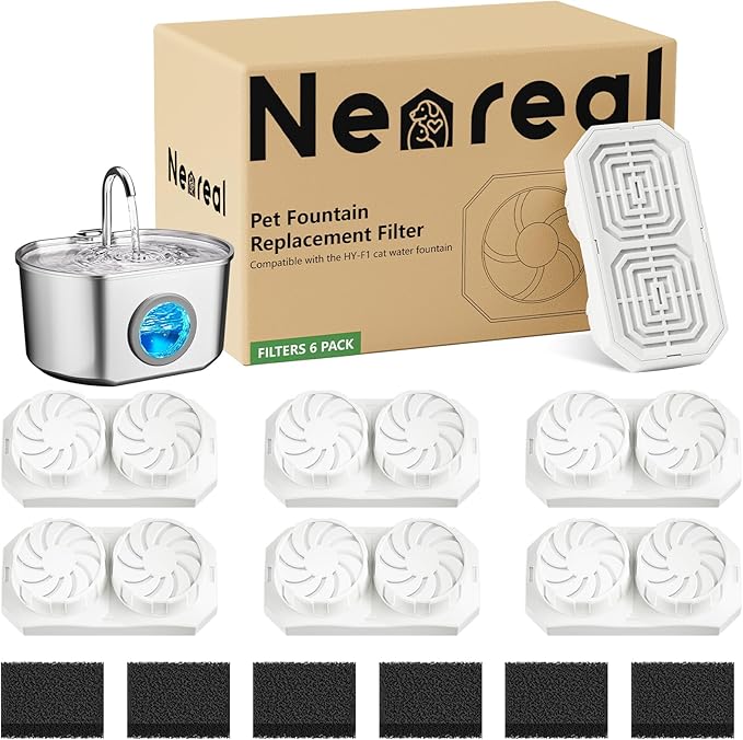 Neareal Cat Water Fountain Replacement Filters and Pre-Filter Sponges | Includes 6 Filters and 6 Sponges for 74oz/2.2L Stainless Steel Pet Fountain