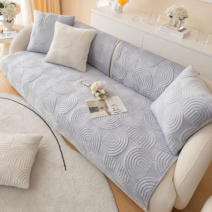 Soft Plush Geometric Quilted Couch Sofa Cover Boho Non Slip Fuzzy Sectional Couch Cover Solid Color Washable Sofa Slipcover Furniture Protector for Kids Dogs Cats (Gray,43"x94")