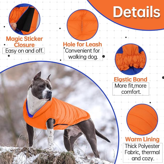 Lelepet Reversible Dog Coat Windproof Dog Puffer Jacket Lightweight Vest | Soft Puffer Vest Warm Winter Coats for Medium Dogs Adjustbale Hook & Loop Pet Apparel with Leash Hole, Pug, Orange, M