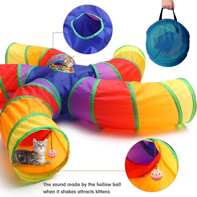 Poen 21 Pcs Cat Tunnel for Indoor Set Collapsible 5 Way Tubes with 20 Pcs Cat Kitten Toys Interactive Feather Toy Mouse Crinkle Balls Tube for Puppy Kitten Rabbit(Colorful)