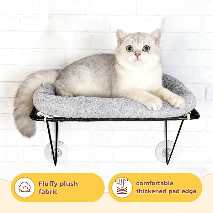 Cat Window Perch, Cordless Cat Hammock Window Seat with Sturdy Metal Frame Supports and 4 Strong Suction Cups (Grey, Short Hair)
