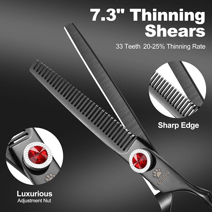 GLADOG 7 Inch Professional Dog Grooming Scissors Kit, Titanium Dog Scissors for Grooming, Heavy-Duty Dog Shears for Grooming, 6-in-1 Pet Grooming Scissors for Dogs (Pro Black)
