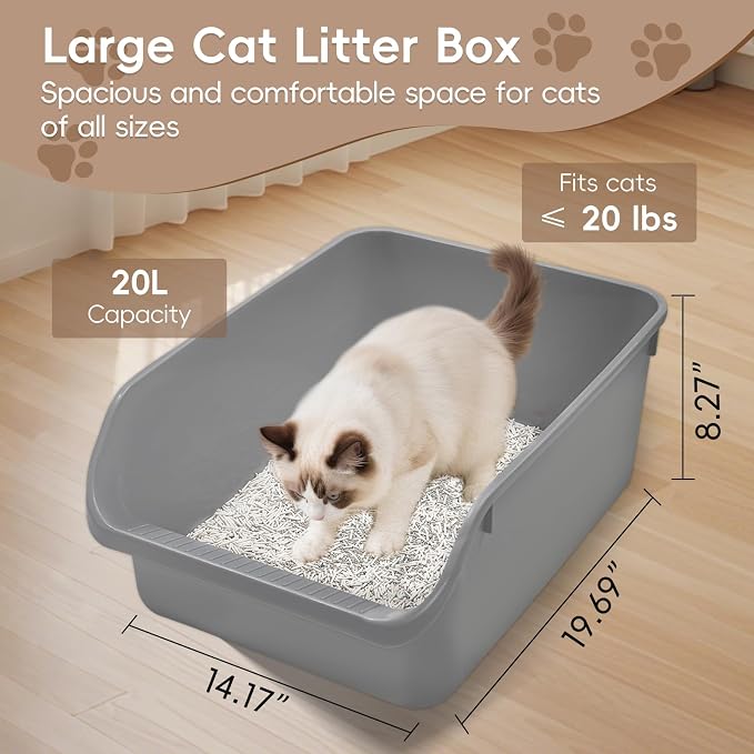 Large Cat Litter Box with High Sides,Durable Open Top Cat Litter Pan for Kitty,Plastic Indoor Big Cat Box with High Wall,Senior Cat Toilet with Low Entry,Easy to Clean,Anti-Splashing(Grey)