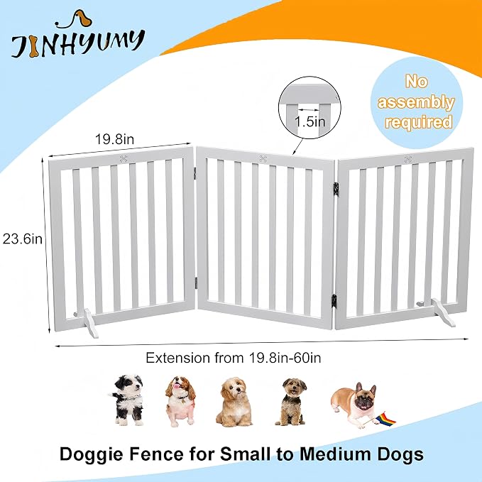 Dog Gate Wooden Freestanding Pet Gate 3 Panel 23.6" Heigh | White Indoor Dog Fences,House Gate for Doorways, Stairs, Hallways