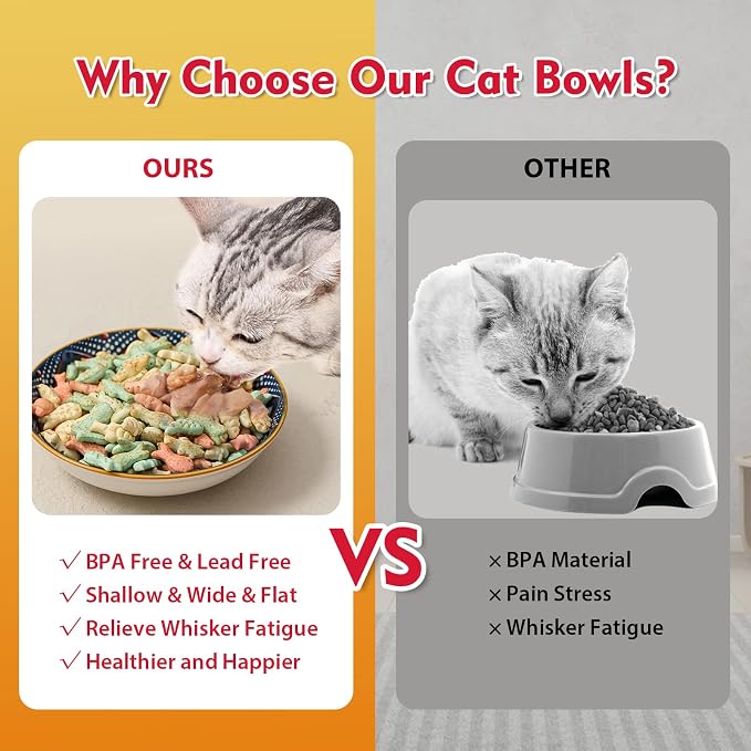 Ceramic Cat Bowls Set of 6 - Colorful Cute Shallow Cat Dishes - Great for Multi-Pet Homes - 5.6 Inch, Whisker Friendly and Wide - Microwave & Dishwasher Safe - 5.3 oz (185 ml)