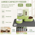 Gravity Cat Feeder 2 Pack Automatic Food Feeder Stainless Steel Water Dispenser Set 360° Rotatable Pet Bowls with Silicone Mat and Brush for Cats Small Medium Dogs, Large Capacity(Green)