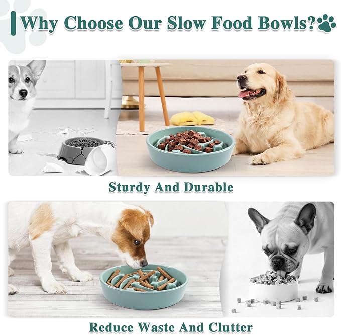 Ceramic Slow Feeder Dog Bowls,1.5 Cups Dog Food Dish for Medium Large Breed | Food Bowl for Fast Eater, 28OZ, 8.15 inch (Light Green)