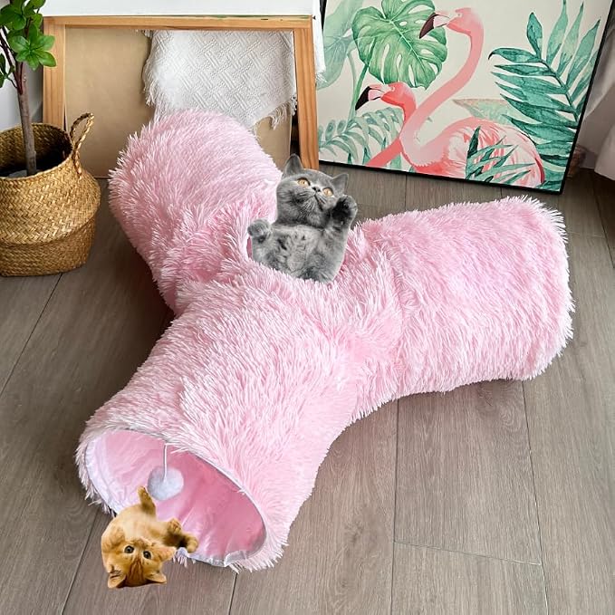 3-Way Collapsible Cat Tunnel Tube Toy Pink Plush | Interactive Play Tunnel with Hanging Ball & Peek Hole for Indoor Cats, Kittens, Puppies & Rabbits | Hours of Fun & Exercise