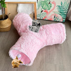 3-Way Collapsible Cat Tunnel Tube Toy Pink Plush | Interactive Play Tunnel with Hanging Ball & Peek Hole for Indoor Cats, Kittens, Puppies & Rabbits | Hours of Fun & Exercise