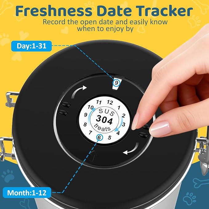 ENONCI Airtight Dog Treat Canister, 304 Stainless Steel Food Storage Jar with Date Dial Silver-1.8L