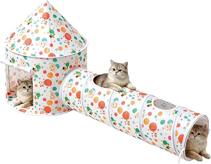 2-in-1 Cat Play Set, Pop-Up Cat Tunnel Rest Hut with Plush Ball Toys | Collapsible Cat Toys Combo with Tent & Ball for Indoor Tunnel, Hiding & Lounging，Suitable forca, dogs, rabbits. Perfect toy.