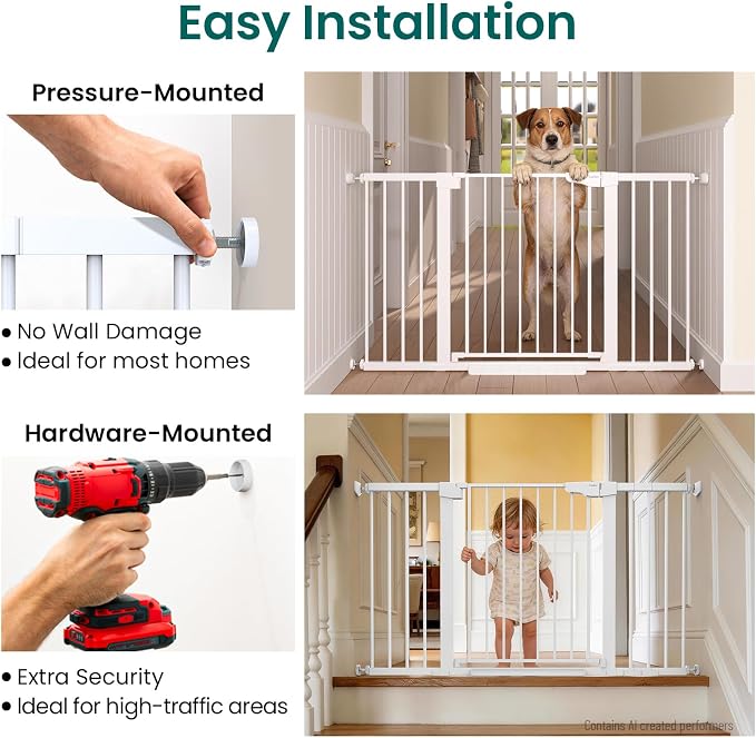 Cumbor 2 Pack 30-54" Baby Gate for Stairs, Dual Lock & Self-Closing Dog Gate for Doorways, Easy Install Pressure Mounted Pet Gates Indoor, Easy Walk Thru Wide Safety Proofing for Babies & Pets, White