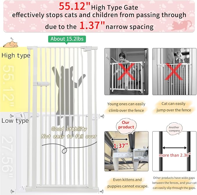 Lumizone Extra Tall Cat Gate 55.12" High 29.92"-59.44" Wide Pet Gate White | Dog Gate for Doorway Hallway Stairs Pressure Mounted Extra Wide 1.37" Gap No Drilling Auto-Close One-Handed Operation