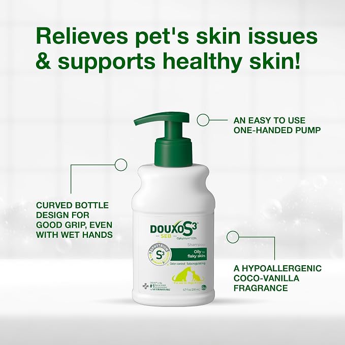 Douxo S3 SEB Dog Seboregulating Shampoo, 0.5% Ophytrium, 6.7 fl oz | Seborrhea Treatment for Dogs & Cats, Helps Control Dandruff, Unpleasant Odors & Oily/Flaky Skin, 0.5% Ophytrium, 6.7 fl oz