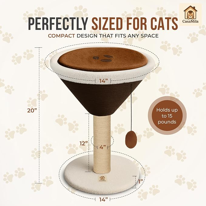 CasaMila Espresso Martini Cat Scratcher 20", Cat Scratching Post, Cat Scratching Tree, Cat Post, Scratching Post for Indoor Cats, Modern Cat Tree with Bed, Martini Cat Tree, Cute Novelty Cat Post