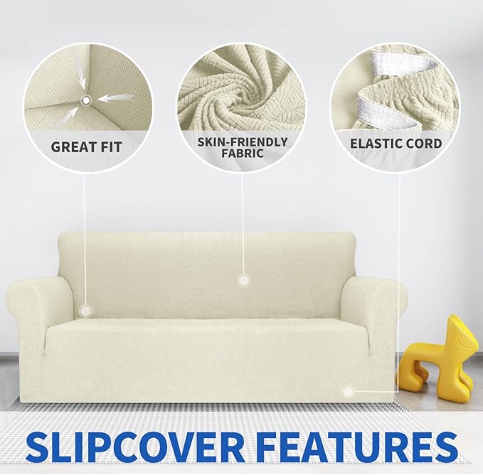 MAXIJIN Loveseat Cover Sofa Covers (55"-69"), 1-Piece Stretch Couch Covers for 2 Cushion Couch Love Seat Slipcover with Elastic Bottom for Kids,Dog (Loveseat, Diamond Pattern Beige)