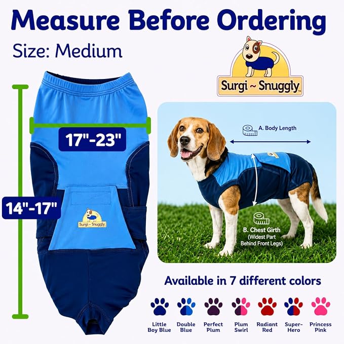 Surgi Snuggly Dog Surgery Recovery Suit - Dog Onesie for Post Surgery Recovery, Female Spay & Male Neuter - Surgical Suit for Dogs, E-Collar Cone Alternative, Double Blue - Medium - 14" - 17" (EC)