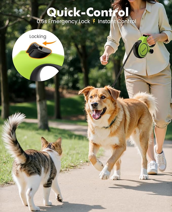 Pecute Retractable Dog Leash 26 FT Heavy Duty for Large Dogs 33-110 LBS | Chew Proof Steel Cable for Strong Biter, Anti-Slip Handle with Poop Bag Holder for Hiking, Camping, Outdoor Walking