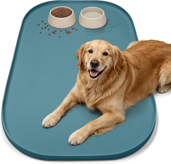 SMILOOL 36" x 24" x 1" Extra Large Silicone Pet Food Mat with Raised Edge for Food and Water Bowl, Dog Feeding Mats, Cat Food Trays for Floor Waterproof, Rubber Tray for Dogs and Cats, Slate Blue