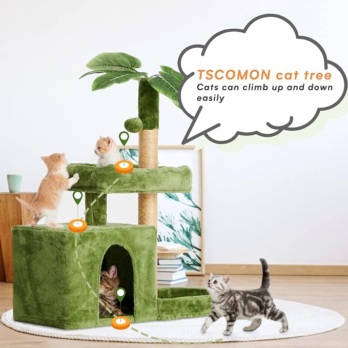 31.5inch Small Cat Tree Tower Condo for Indoor Cats, Soft Plush Multi-Level Climbing Tree Cat House with Cat Cave, Scratching Post, Sisal Rope, Green