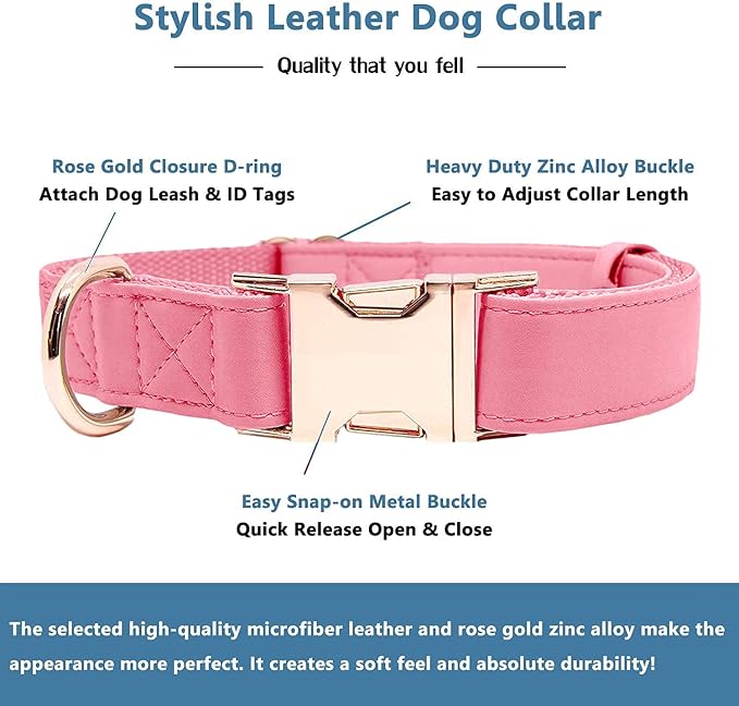 Soft Leather Dog Collar and Leash (6.6') Set - Stylish Rose Gold Heavy Duty Metal Buckle, 4 Adjustable Lengths Leash for Small Medium Large Dogs - Comfortable & Easy to Clean Dark Pink S(12.2"-16.9")
